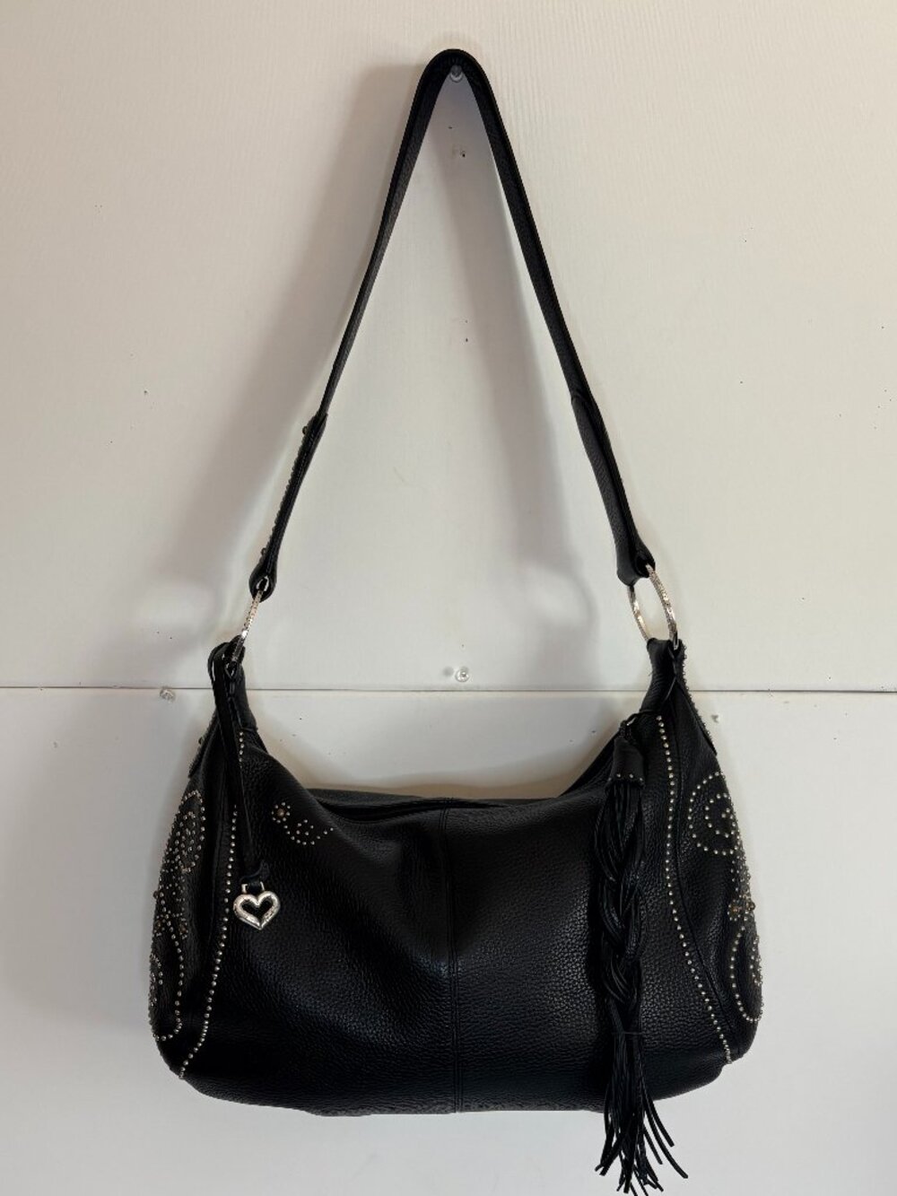 Brighton Black Bohemian Pebble Leather Studded Tasseled HOBO Shoulder Bag